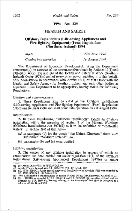 The Offshore Installations (Life-saving Appliances and Fire-fighting Equipment) (Fees) Regulations (Northern Ireland) 1994