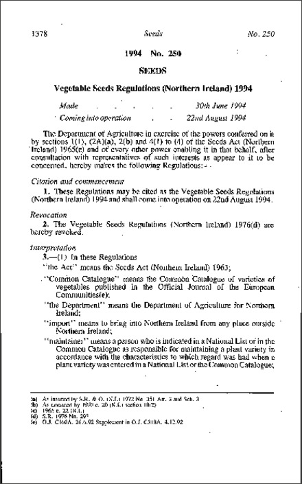 The Vegetable Seeds Regulations (Northern Ireland) 1994