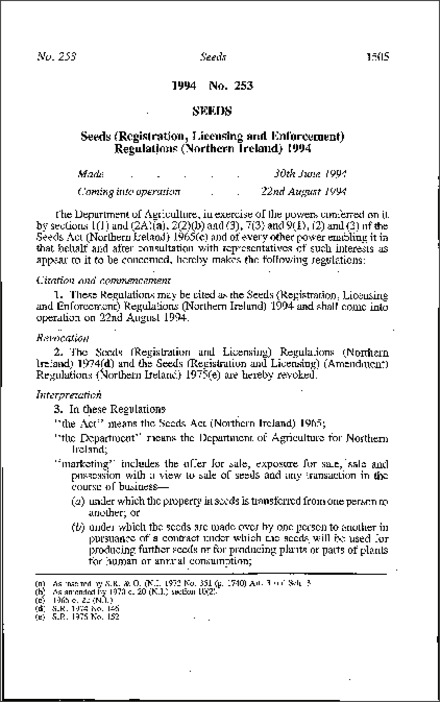 The Seeds (Registration, Licensing and Enforcement) Regulations (Northern Ireland) 1994