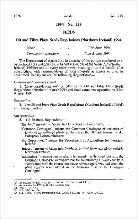 The Oil and Fibre Plant Seeds Regulations (Northern Ireland) 1994