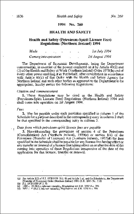 The Health and Safety (Petroleum-Spirit Licence Fees) Regulations (Northern Ireland) 1994