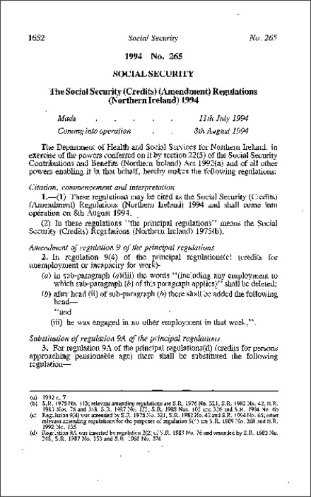 The Social Security (Credits) (Amendment) Regulations (Northern Ireland) 1994