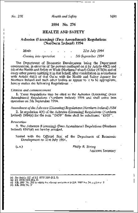 The Asbestos (Licensing) (Fees Amendment) Regulations (Northern Ireland) 1994