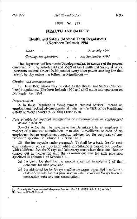 The Health and Safety (Medical Fees) Regulations (Northern Ireland) 1994