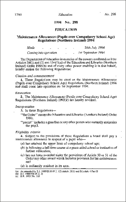 The Maintenance Allowances (Pupils over Compulsory School Age) Regulations (Northern Ireland) 1994