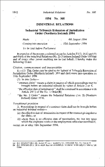 The Industrial Tribunals Extension of Jurisdiction Order (Northern Ireland) 1994