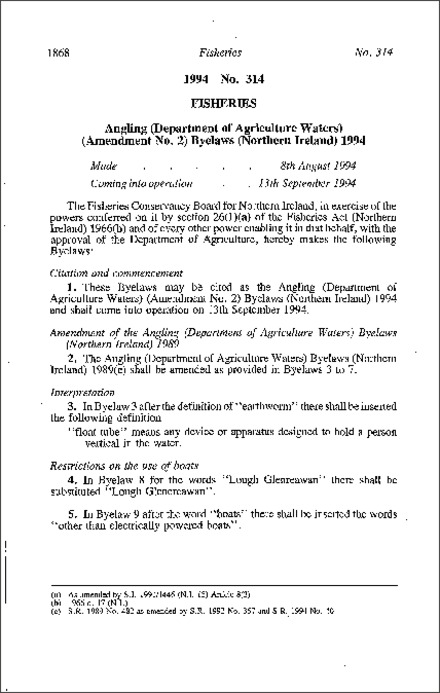 The Angling (Department of Agriculture Waters) (Amendment No. 2) Byelaws (Northern Ireland) 1994