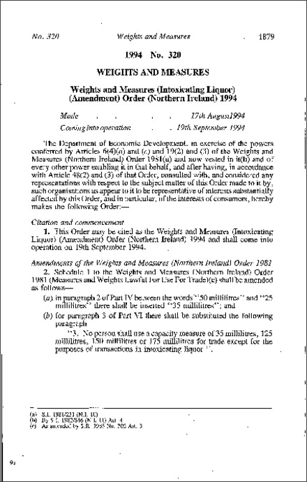 The Weights and Measures (Intoxicating Liquor) (Amendment) Order (Northern Ireland) 1994