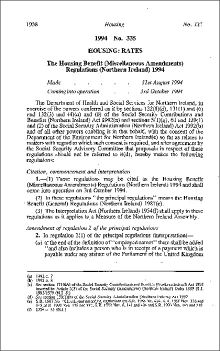The Housing Benefit (Miscellaneous Amendment) Regulations (Northern Ireland) 1994