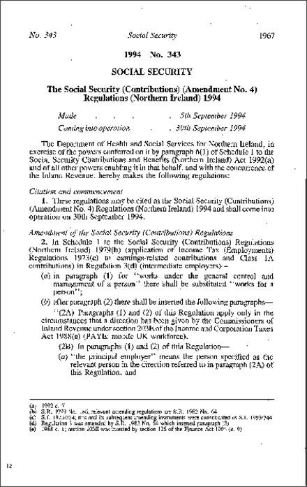 The Social Security (Contributions) (Amendment No. 4) Regulations (Northern Ireland) 1994