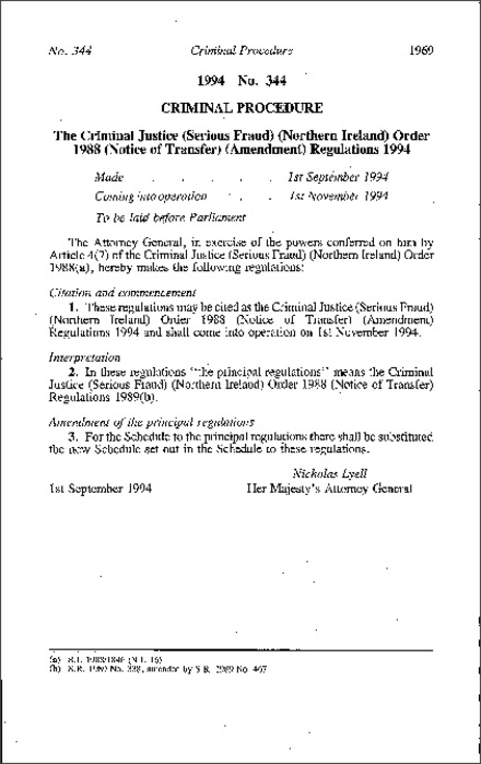 The Criminal Justice (Serious Fraud) (Northern Ireland) Order 1988 (Notice of Transfer) (Amendment) Regulations (Northern Ireland) 1994