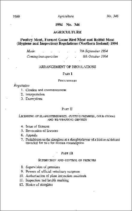 The Poultry Meat, Farmed Game Bird Meat and Rabbit Meat (Hygiene and Inspection) Regulations (Northern Ireland) 1994
