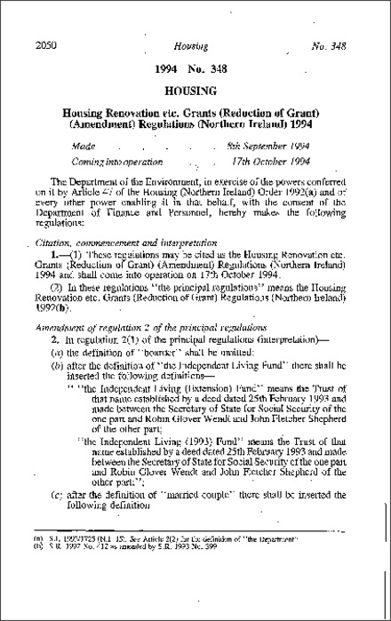 The Housing Renovation etc. Grants (Reduction of Grant) (Amendment) Regulations (Northern Ireland) 1994