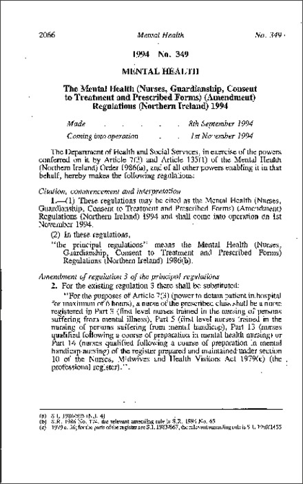 The Mental Health (Nurses, Guardianship, Consent to Treatment and Prescribed Forms) (Amendment) Regulations (Northern Ireland) 1994