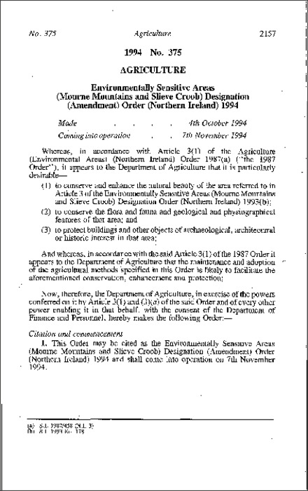 The Environmentally Sensitive Areas (Mourne Mountains and Slieve Croob) Designation (Amendment) Order (Northern Ireland) 1994