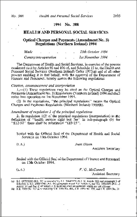 The Optical Charges and Payments (Amendment No. 3) Regulations (Northern Ireland) 1994
