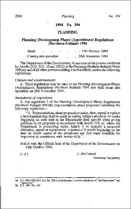 The Planning (Development Plans) (Amendment) Regulations (Northern Ireland) 1994