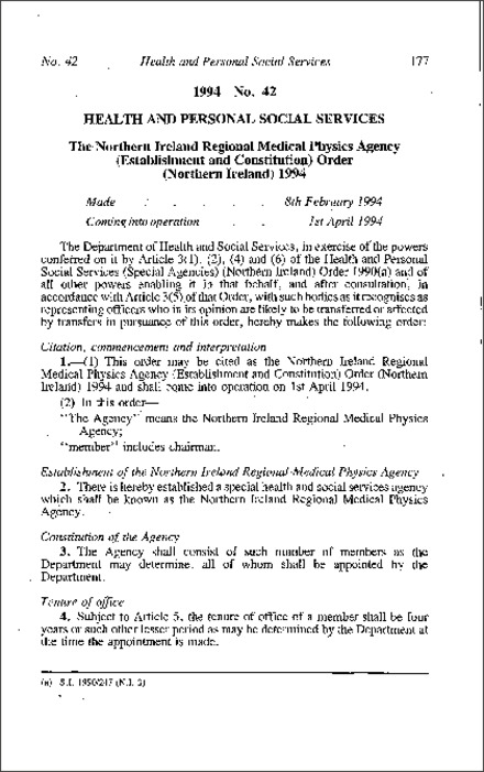 The Northern Ireland Regional Medical Physics Agency (Establishment and Constitution) Order (Northern Ireland) 1994