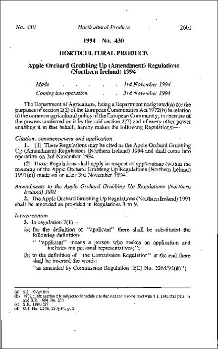 The Apple Orchard Grubbing Up (Amendment) Regulations (Northern Ireland) 1994