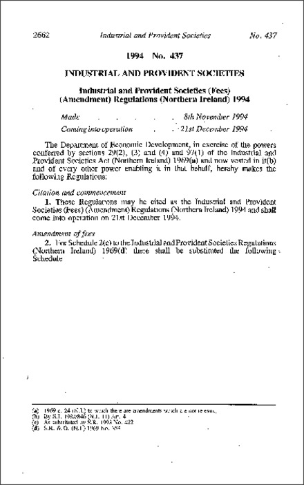 The Industrial and Provident Societies (Fees) (Amendment) Regulations (Northern Ireland) 1994