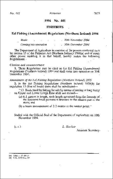 The Eel Fishing (Amendment) Regulations (Northern Ireland) 1994
