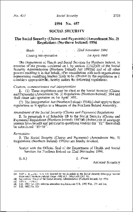 The Social Security (Claims and Payments) (Amendment No. 3) Regulations (Northern Ireland) 1994