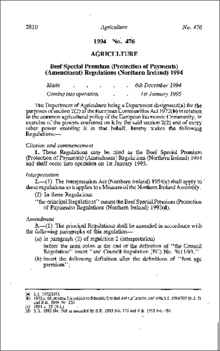 The Beef Special Premium (Protection of Payments) (Amendment) Regulations (Northern Ireland) 1994