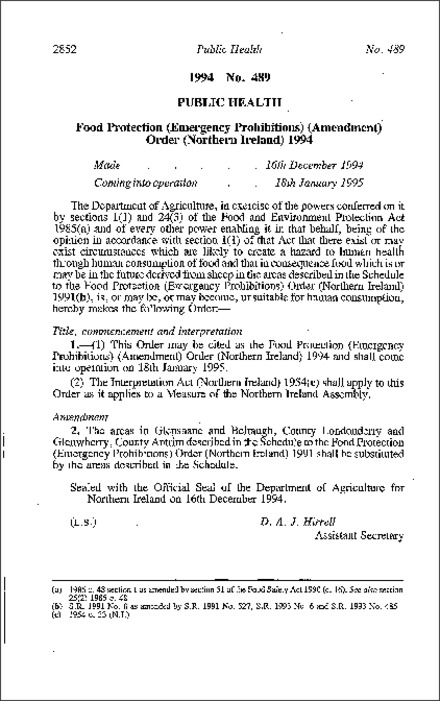 The Food Protection (Emergency Prohibitions) (Amendment) Order (Northern Ireland) 1994