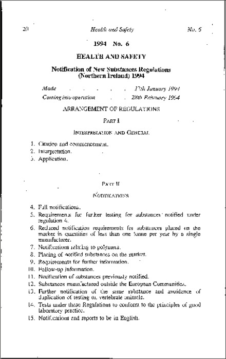 The Notification of New Substances Regulations (Northern Ireland) 1994