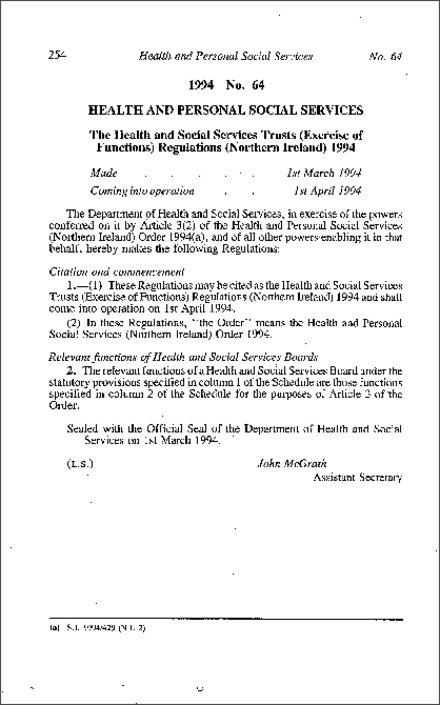 The Health and Social Services Trusts (Exercise of Functions) Regulations (Northern Ireland) 1994