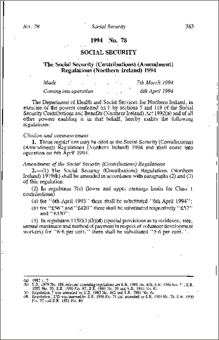 The Social Security (Contributions) (Amendment) Regulations (Northern Ireland) 1994