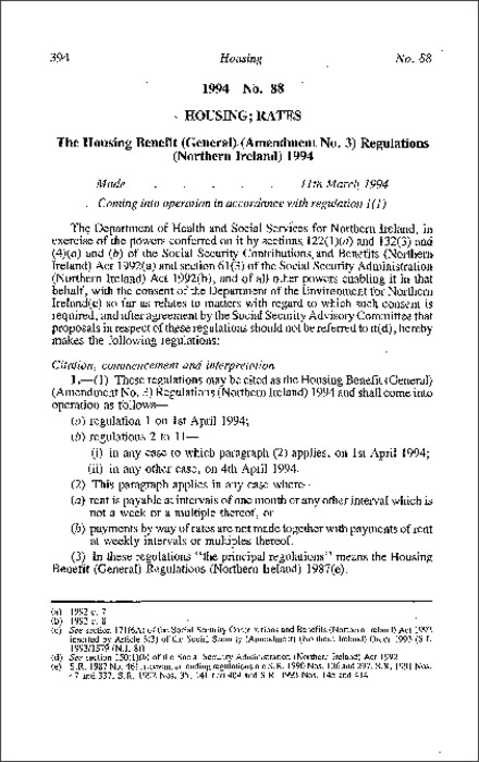 The Housing Benefit (General) (Amendment No. 3) Regulations (Northern Ireland) 1994