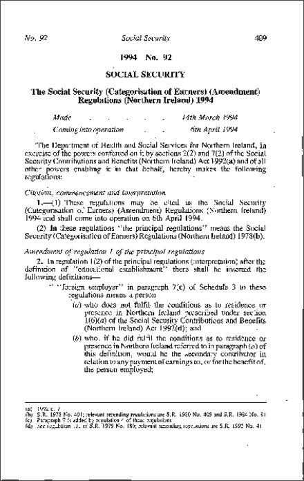 The Social Security (Categorisation of Earners) (Amendment) Regulations (Northern Ireland) 1994