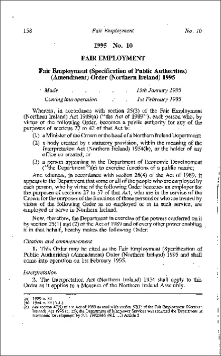 The Fair Employment (Specification of Public Authorities) (Amendment) Order (Northern Ireland) 1995