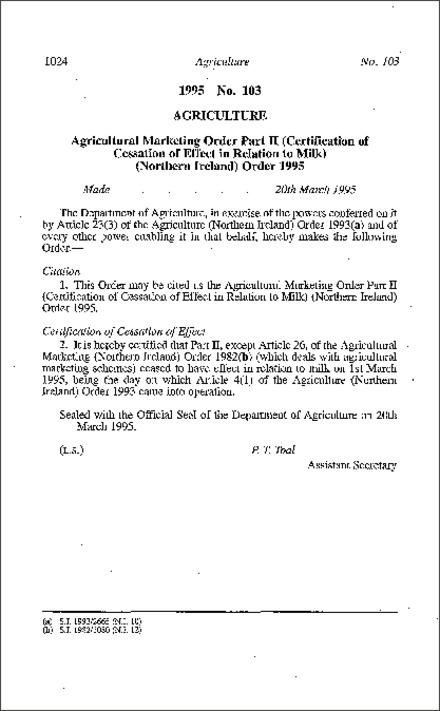 The Agricultural Marketing Order Part II (Certification of Cessation of Effect in Relation to Milk) (Northern Ireland) Order (Northern Ireland) 1995