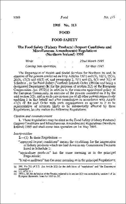 The Food Safety (Fishery Products) (Import Conditions and Miscellaneous Amendment) Regulations (Northern Ireland) 1995