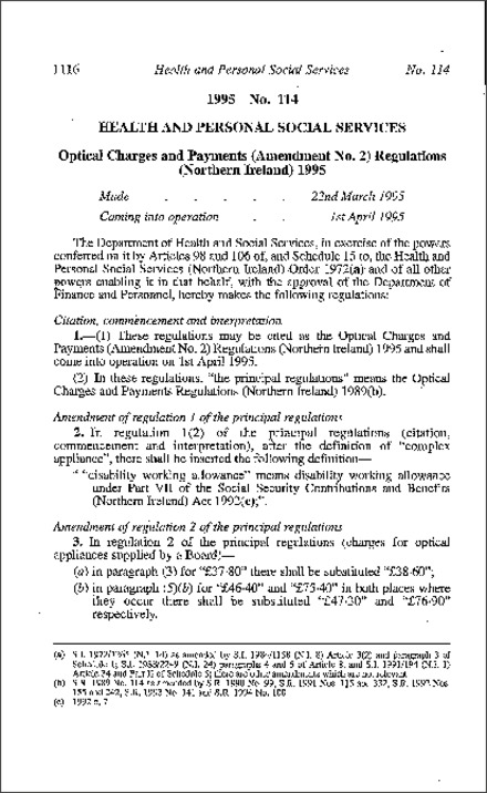 The Optical Charges and Payments (Amendment No. 2) Regulations (Northern Ireland) 1995