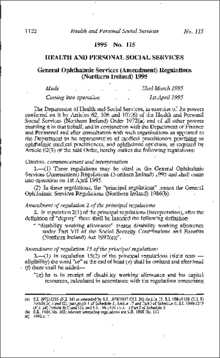 The General Ophthalmic Services (Amendment) Regulations (Northern Ireland) 1995