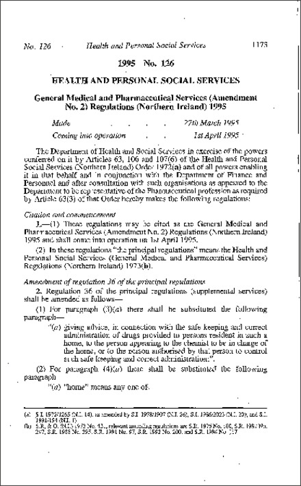 The General Medical and Pharmaceutical Services (Amendment No. 2) Regulations (Northern Ireland) 1995