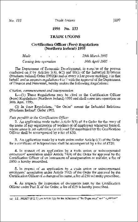 The Certification Officer (Fees) Regulations (Northern Ireland) 1995