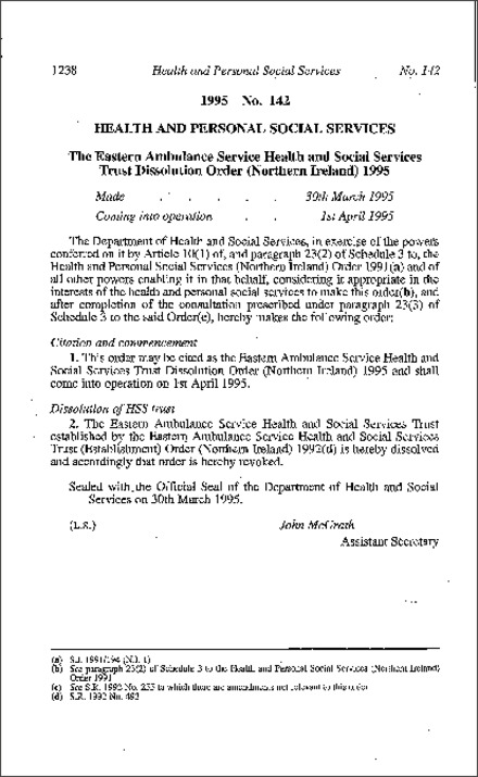 The Eastern Ambulance Service Health and Social Services Trust Dissolution Order (Northern Ireland) 1995