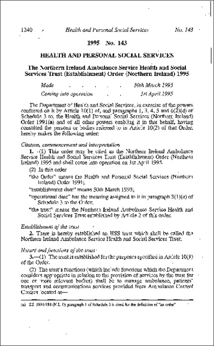 The Northern Ireland Ambulance Service Health and Social Services Trust (Establishment) Order (Northern Ireland) 1995