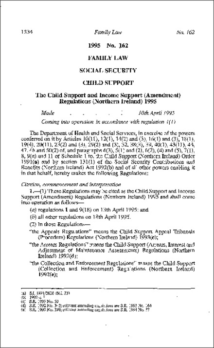 The Child Support and Income Support (Amendment) Regulations (Northern Ireland) 1995