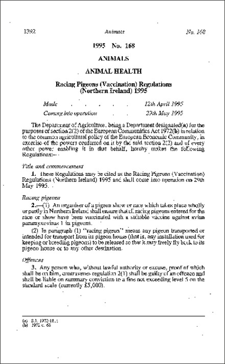 The Racing Pigeons (Vaccination) Regulations (Northern Ireland) 1995