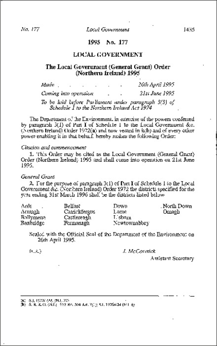 The Local Government (General Grant) Order (Northern Ireland) 1995