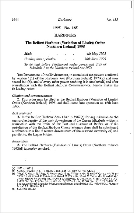 The Belfast Harbour (Variation of Limits) Order (Northern Ireland) 1995