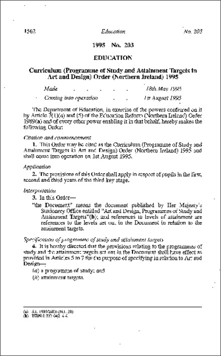 The Curriculum (Programme of Study and Attainment Targets in Art and Design) Order (Northern Ireland) 1995