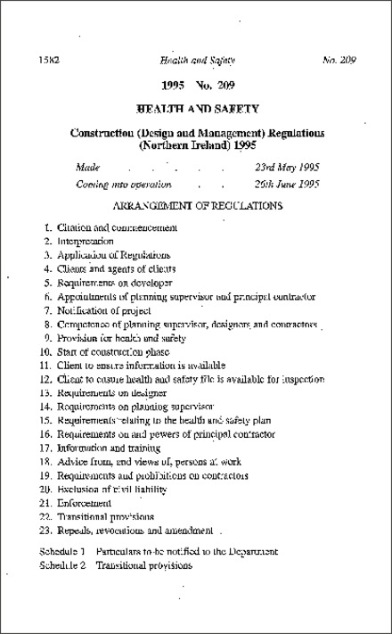 The Construction (Design and Management) Regulations (Northern Ireland) 1995