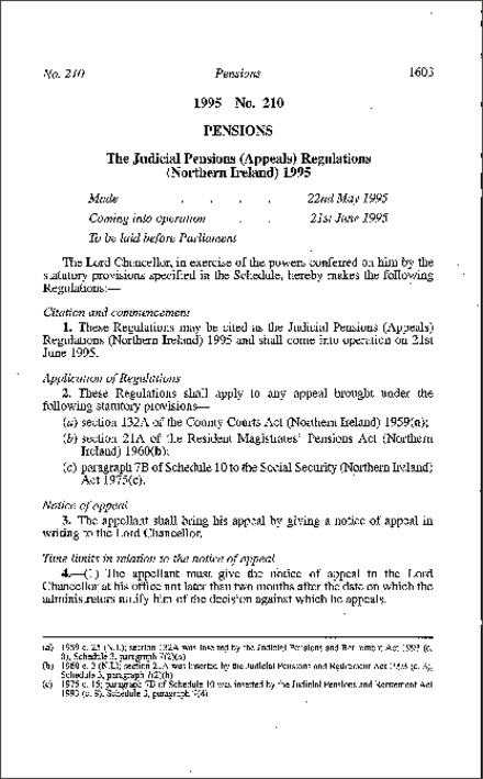 The Judicial Pensions (Appeals) Regulations (Northern Ireland) 1995