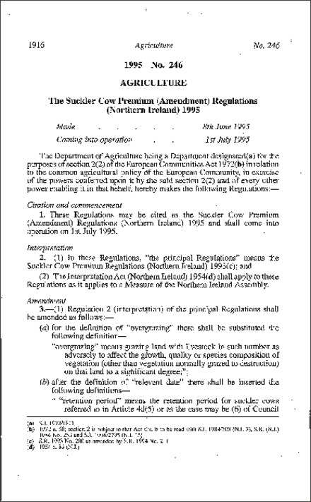 The Suckler Cow Premium (Amendment) Regulations (Northern Ireland) 1995